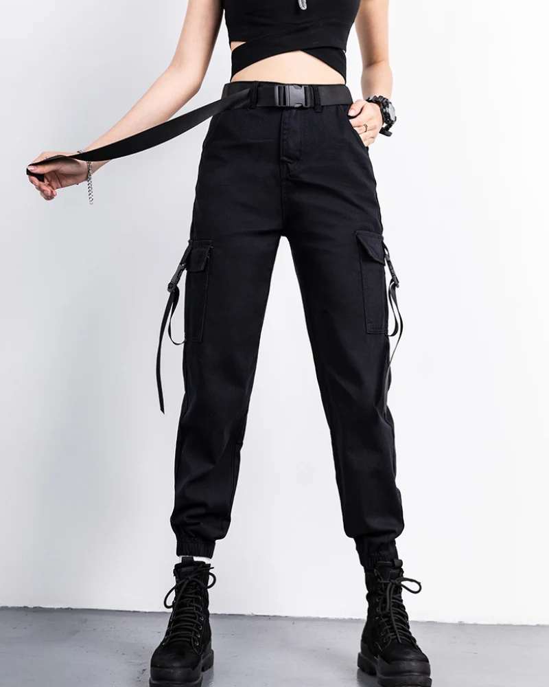 Futuristic Belt Black Women Cargo Pants - Image 3