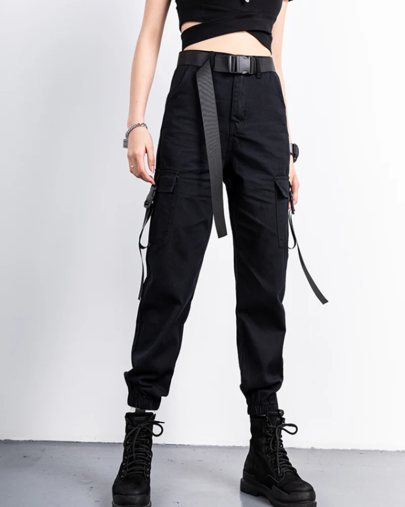 Futuristic Belt Black Women Cargo Pants - Image 4