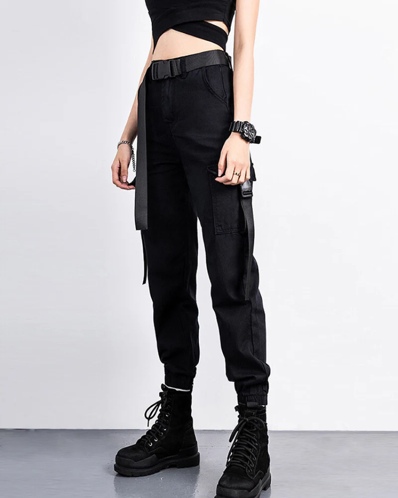 Futuristic Belt Black Women Cargo Pants - Image 5