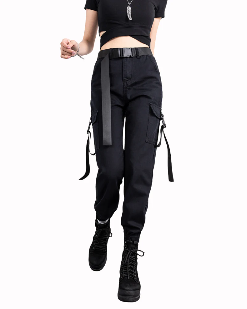 Futuristic Belt Black Women Cargo Pants - Image 6