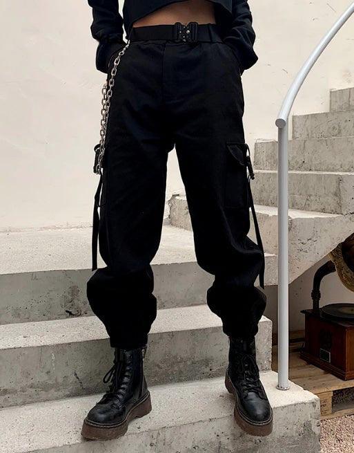 Futuristic Belt Black Women Cargo Pants - Image 8