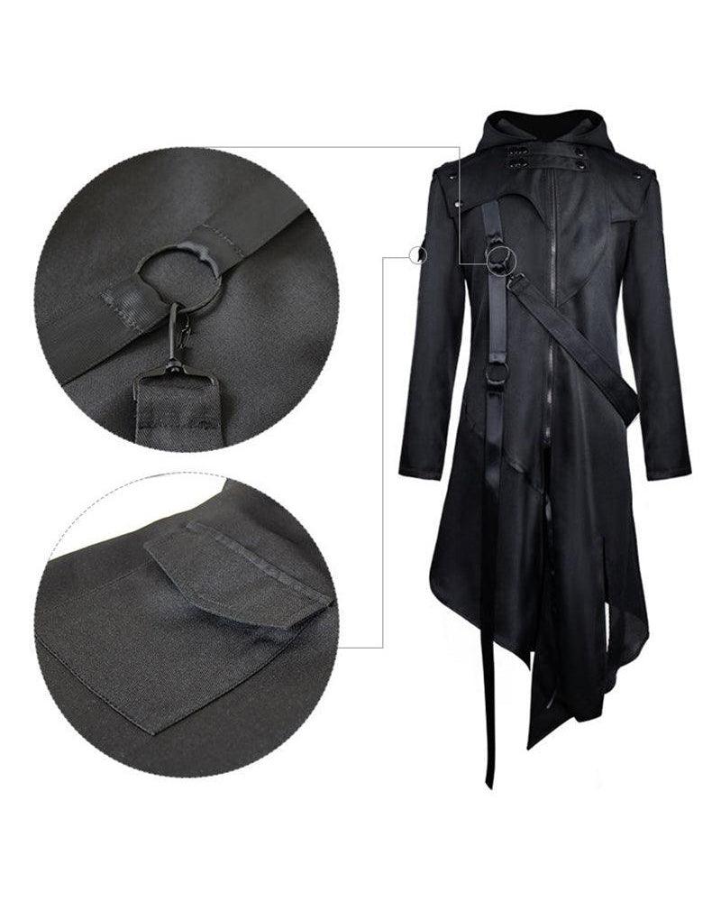 Irregular Ribbons Cosplay Long Black Coat - Image 7
