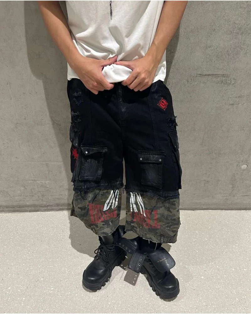 Street Distressed Patchwork Long Camo Jorts - Image 3