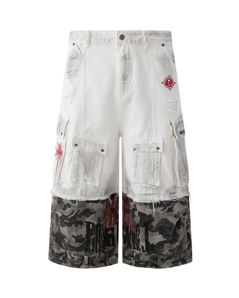 Street Distressed Patchwork Long Camo Jorts - Image 5