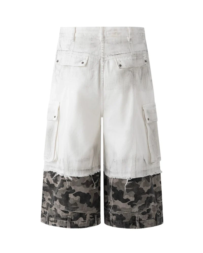 Street Distressed Patchwork Long Camo Jorts - Image 6