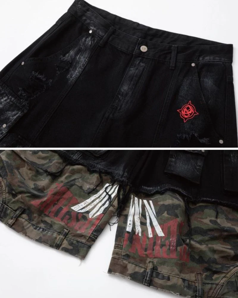 Street Distressed Patchwork Long Camo Jorts - Image 7