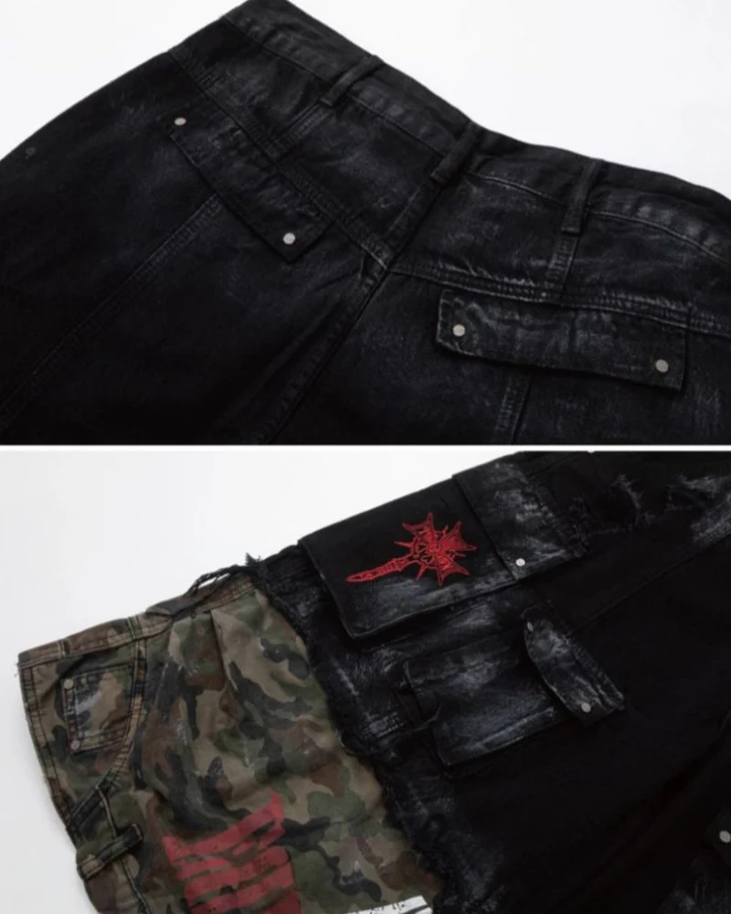 Street Distressed Patchwork Long Camo Jorts - Image 8