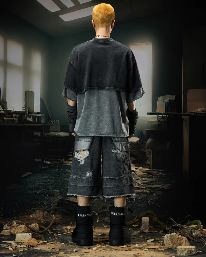 Street Unisex Double Waist Ripped Baggy Jorts - Image 10