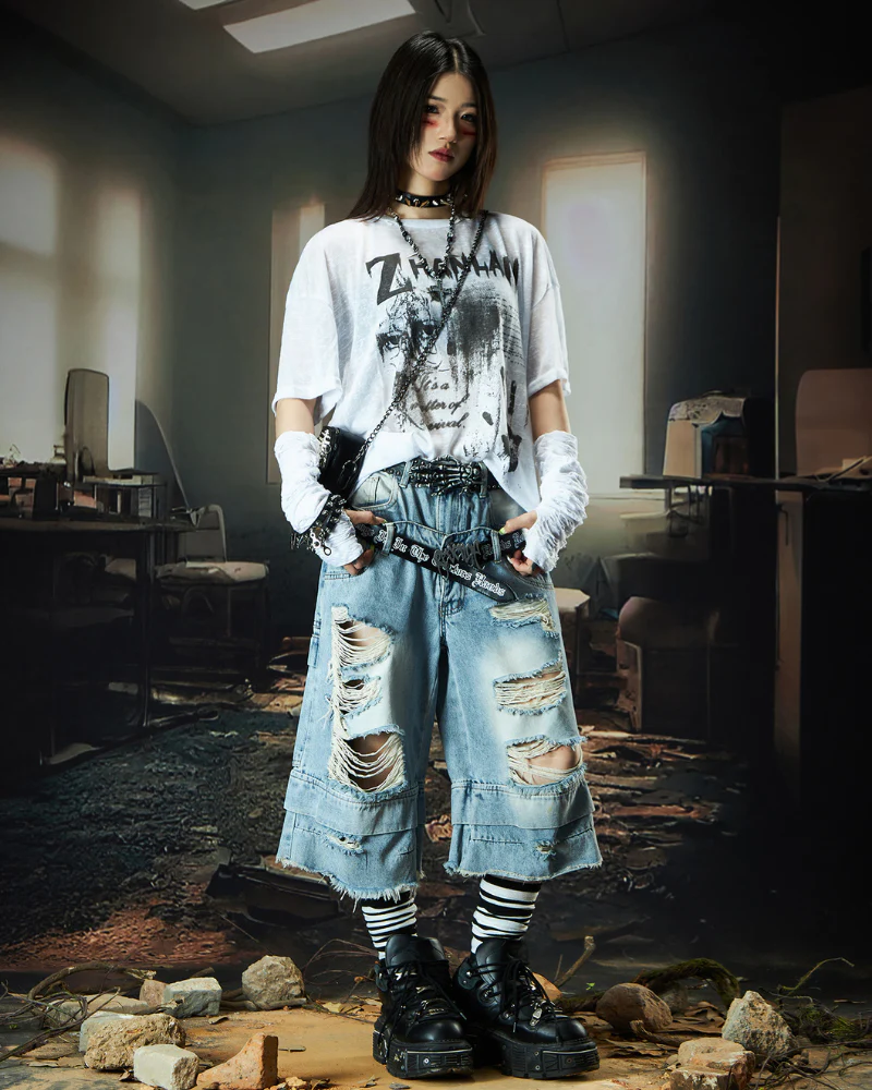 Street Unisex Double Waist Ripped Baggy Jorts - Image 11