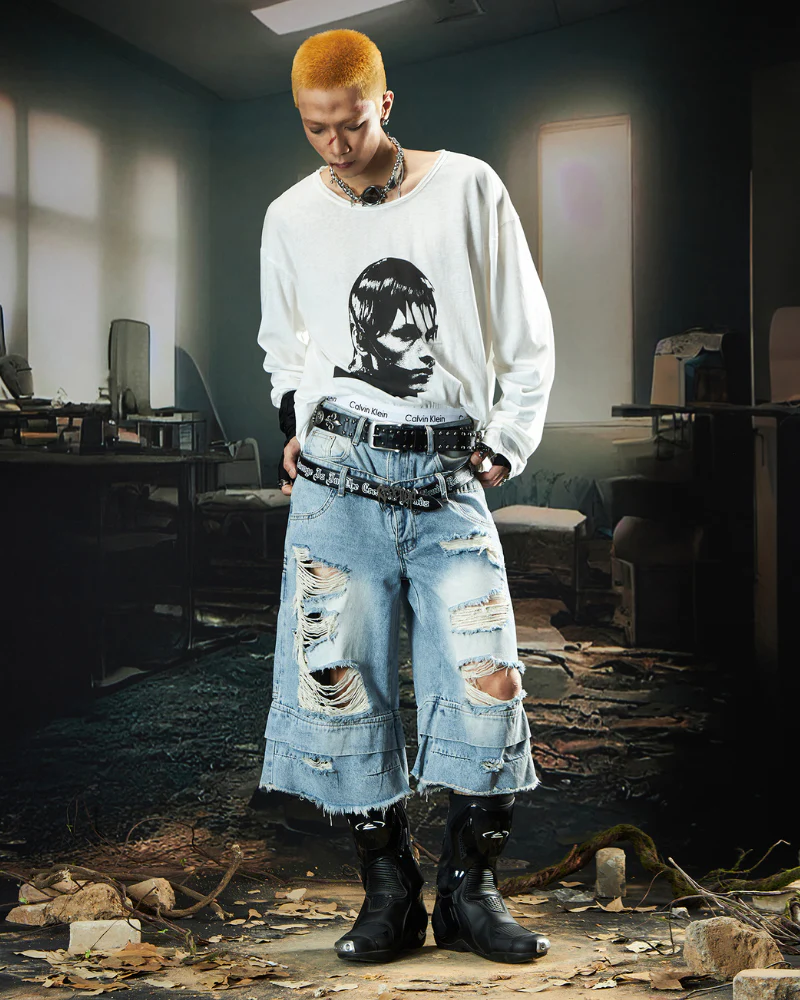 Street Unisex Double Waist Ripped Baggy Jorts - Image 12