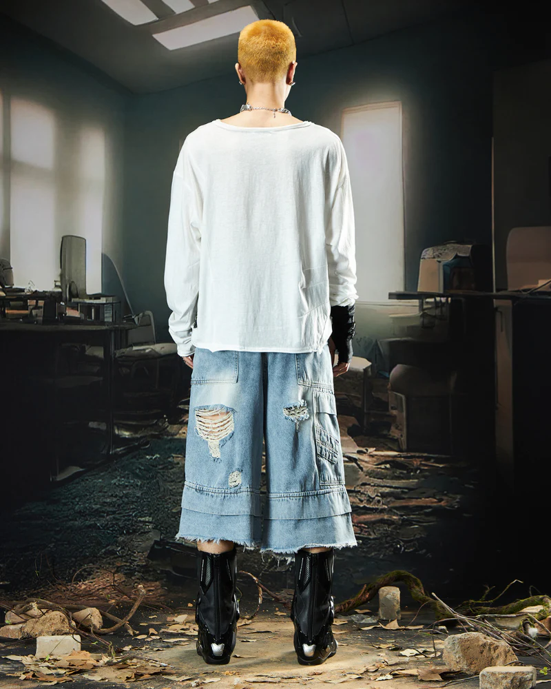 Street Unisex Double Waist Ripped Baggy Jorts - Image 13