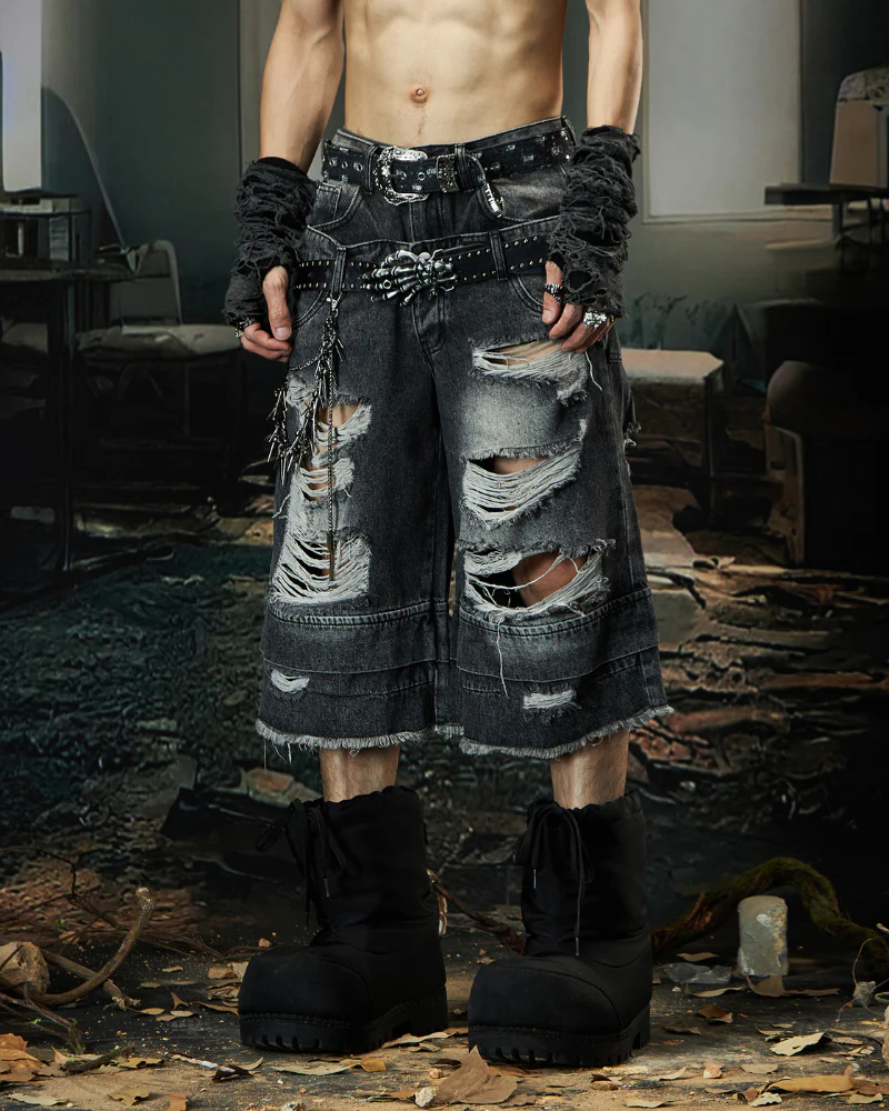 Street Unisex Double Waist Ripped Baggy Jorts - Image 3