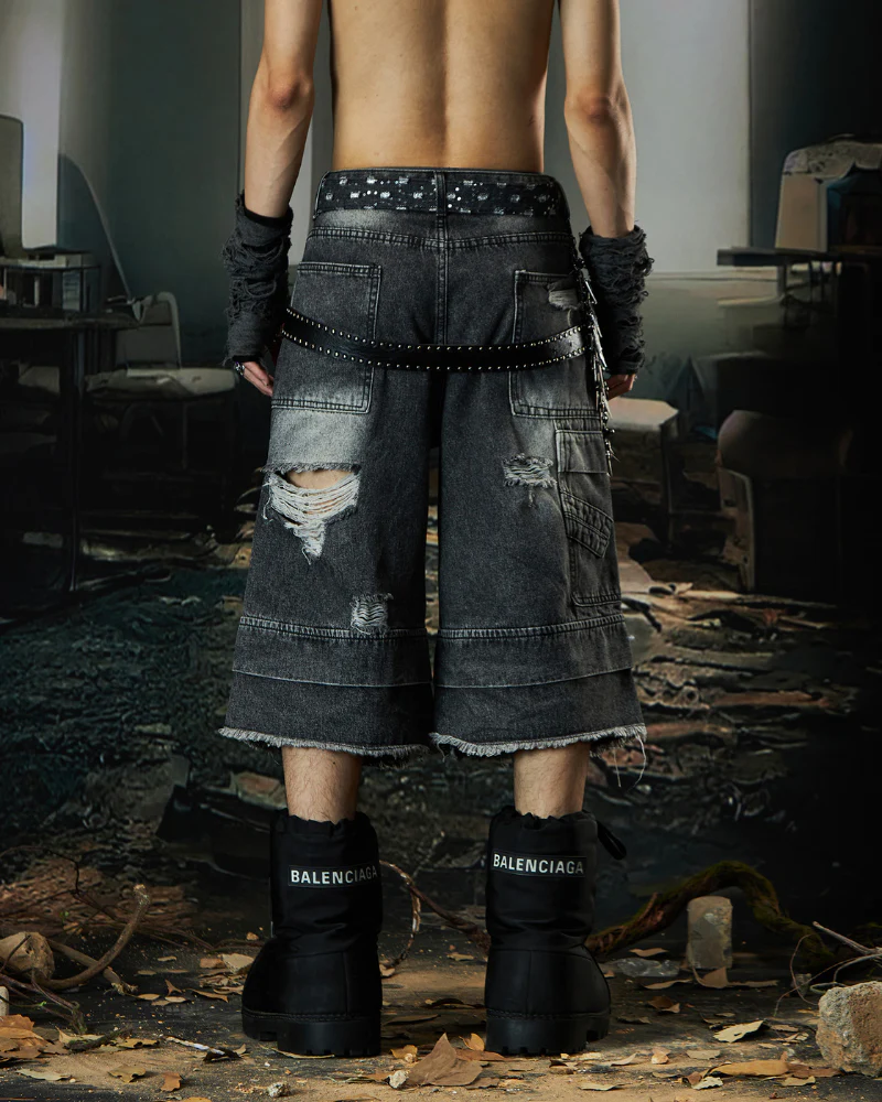 Street Unisex Double Waist Ripped Baggy Jorts - Image 4