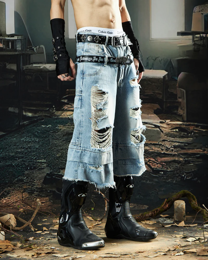 Street Unisex Double Waist Ripped Baggy Jorts - Image 5