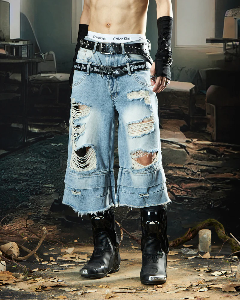 Street Unisex Double Waist Ripped Baggy Jorts - Image 6