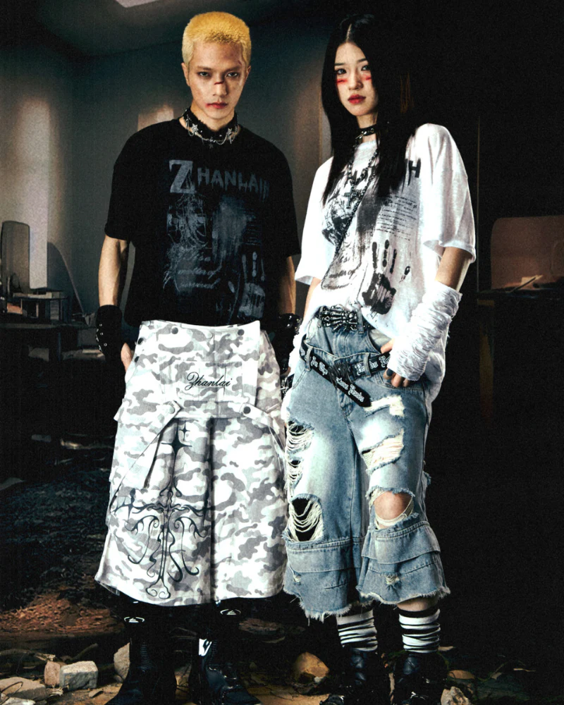 Street Unisex Double Waist Ripped Baggy Jorts - Image 8