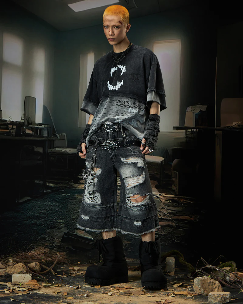 Street Unisex Double Waist Ripped Baggy Jorts - Image 9