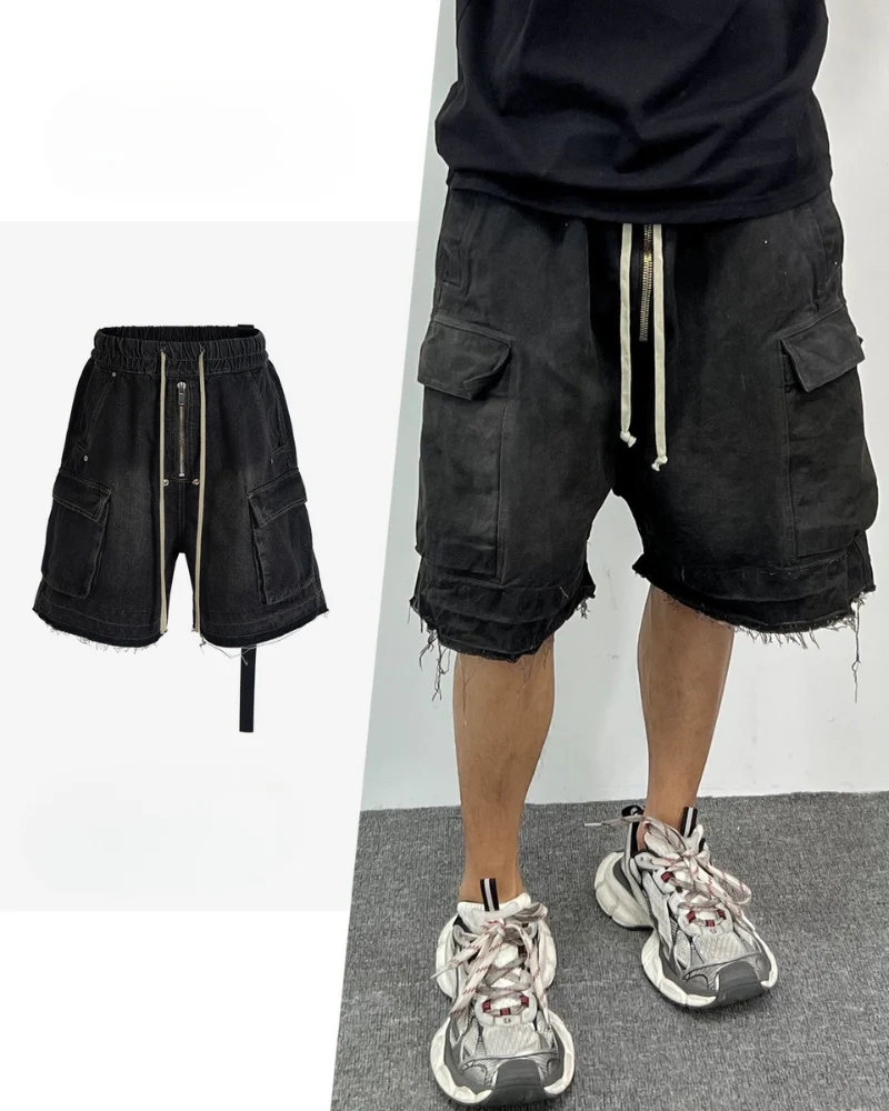 Streetwear Washed Raw Edge Cargo Baggy Jorts - Image 4