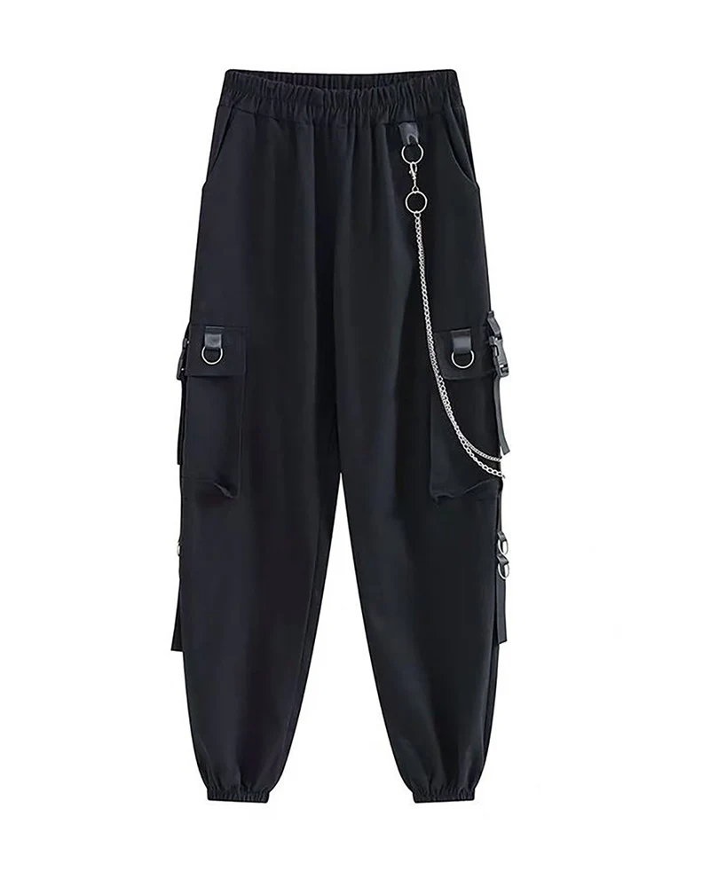 Techwear Cool Women Black Chain Cargo Pants - Image 3