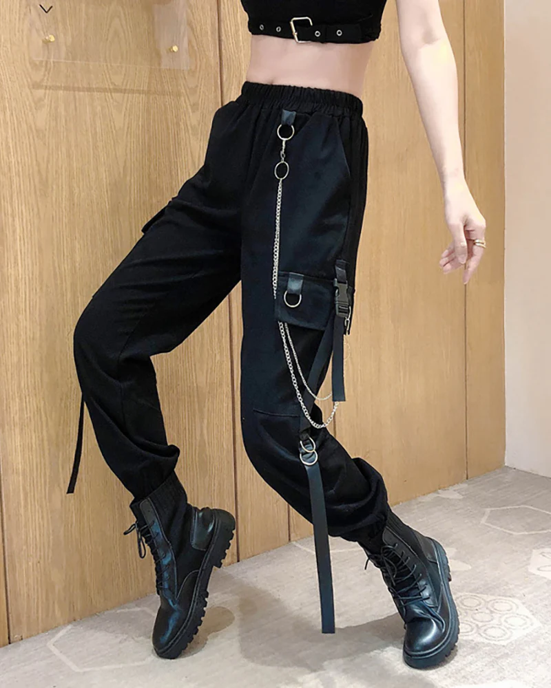 Techwear Cool Women Black Chain Cargo Pants - Image 4