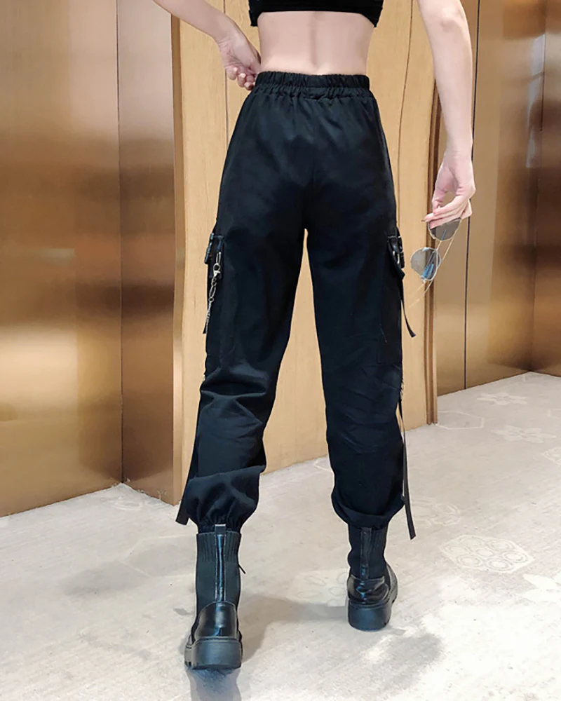 Techwear Cool Women Black Chain Cargo Pants - Image 5