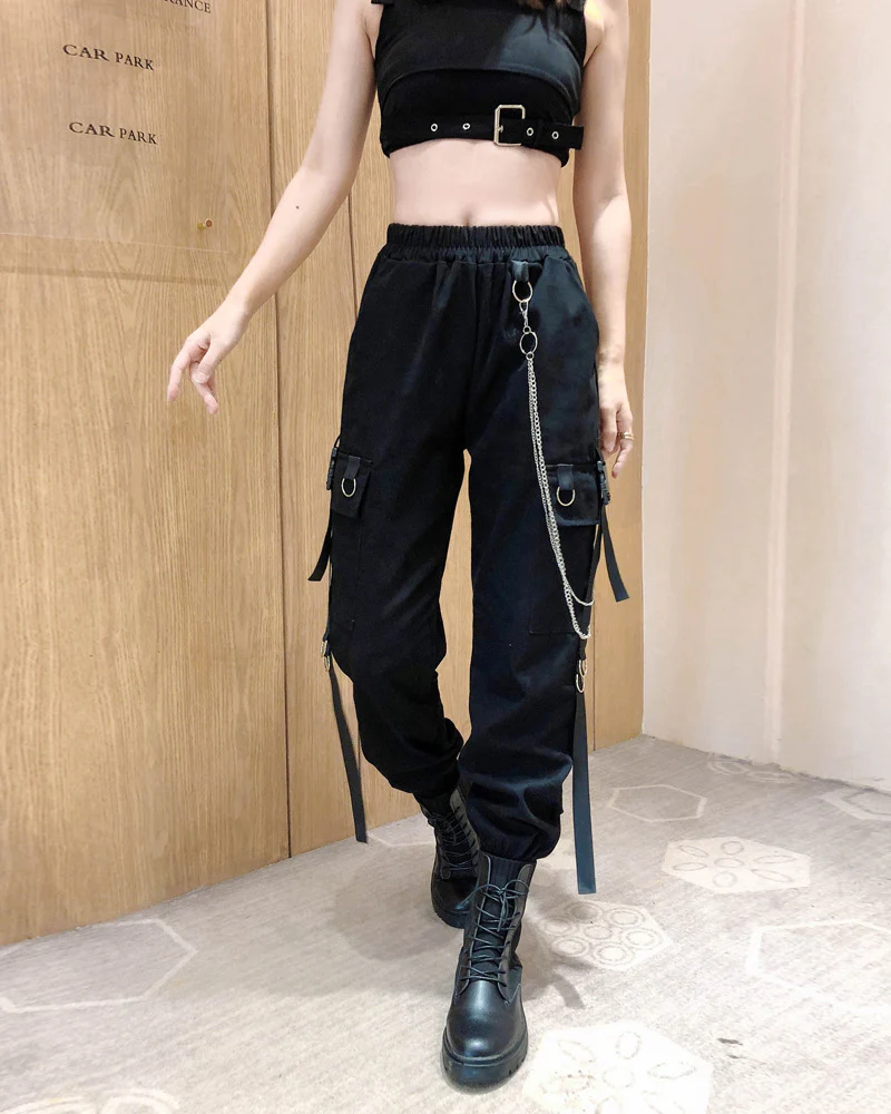Techwear Cool Women Black Chain Cargo Pants - Image 6