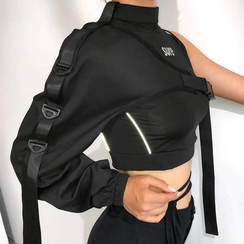 Techwear One Shoulder Sleeve Reflective Buckle Top - Image 3