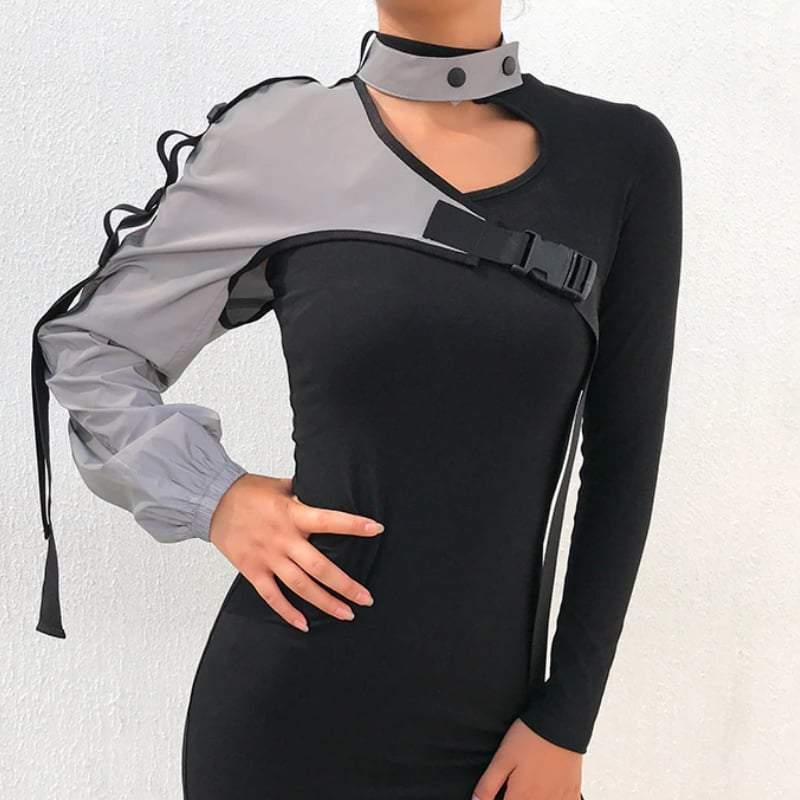 Techwear One Shoulder Sleeve Reflective Buckle Top - Image 7