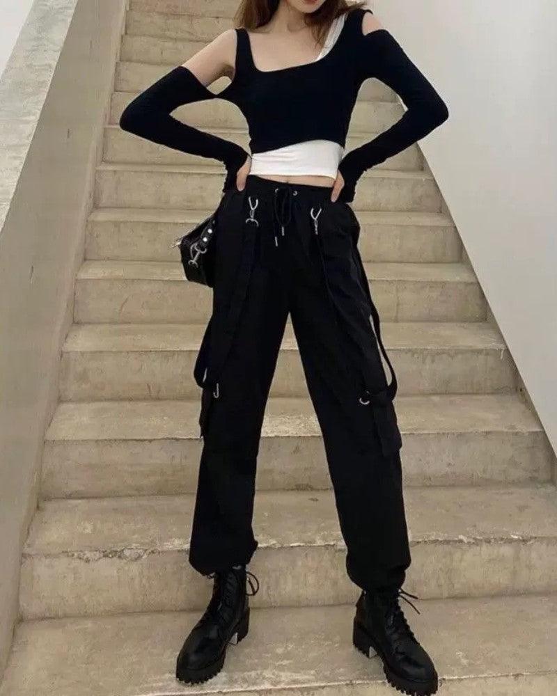 Techwear Women Black Straps Cargo Pants - Image 6